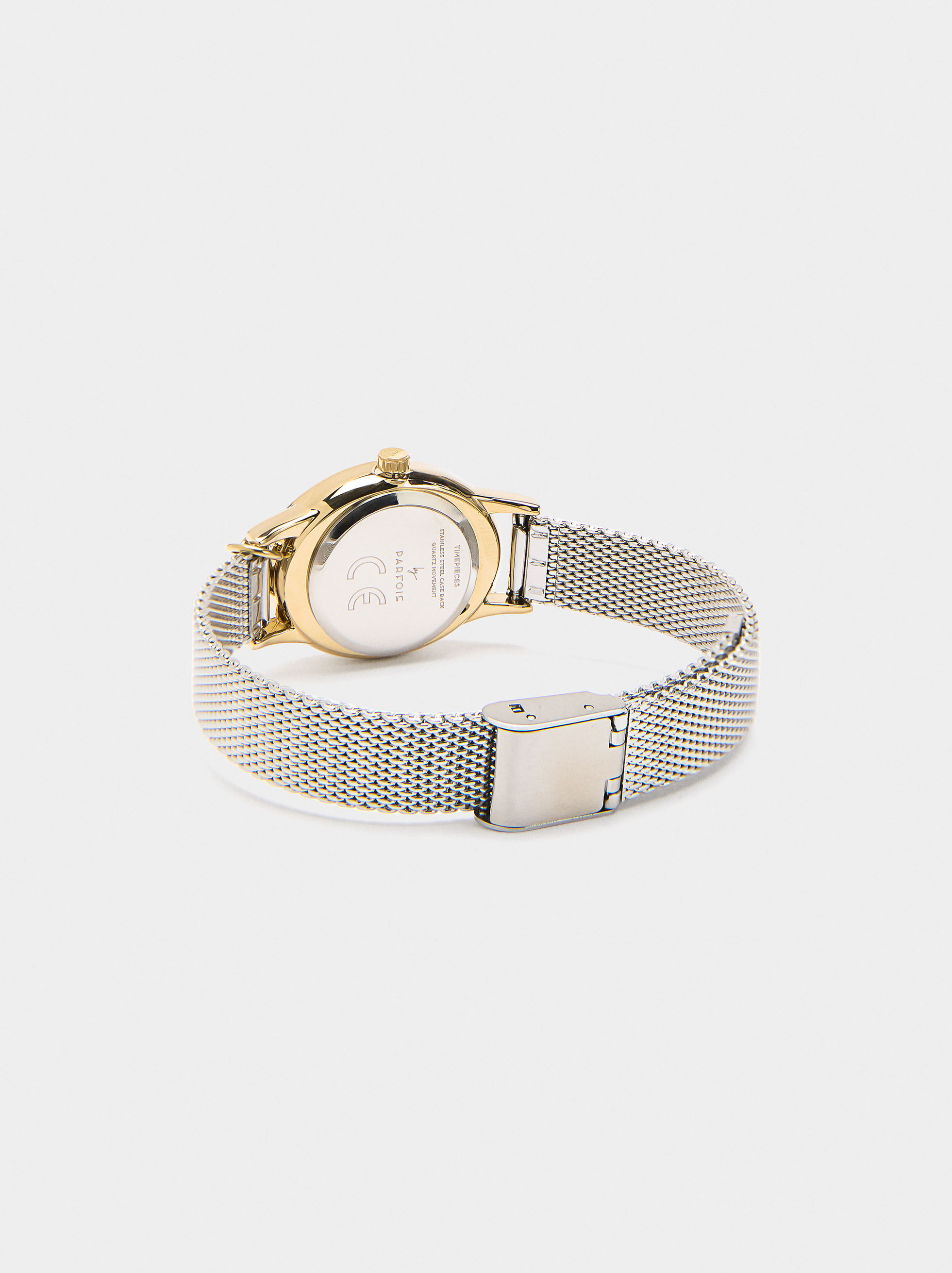 Metal mesh bracelet watch with charm