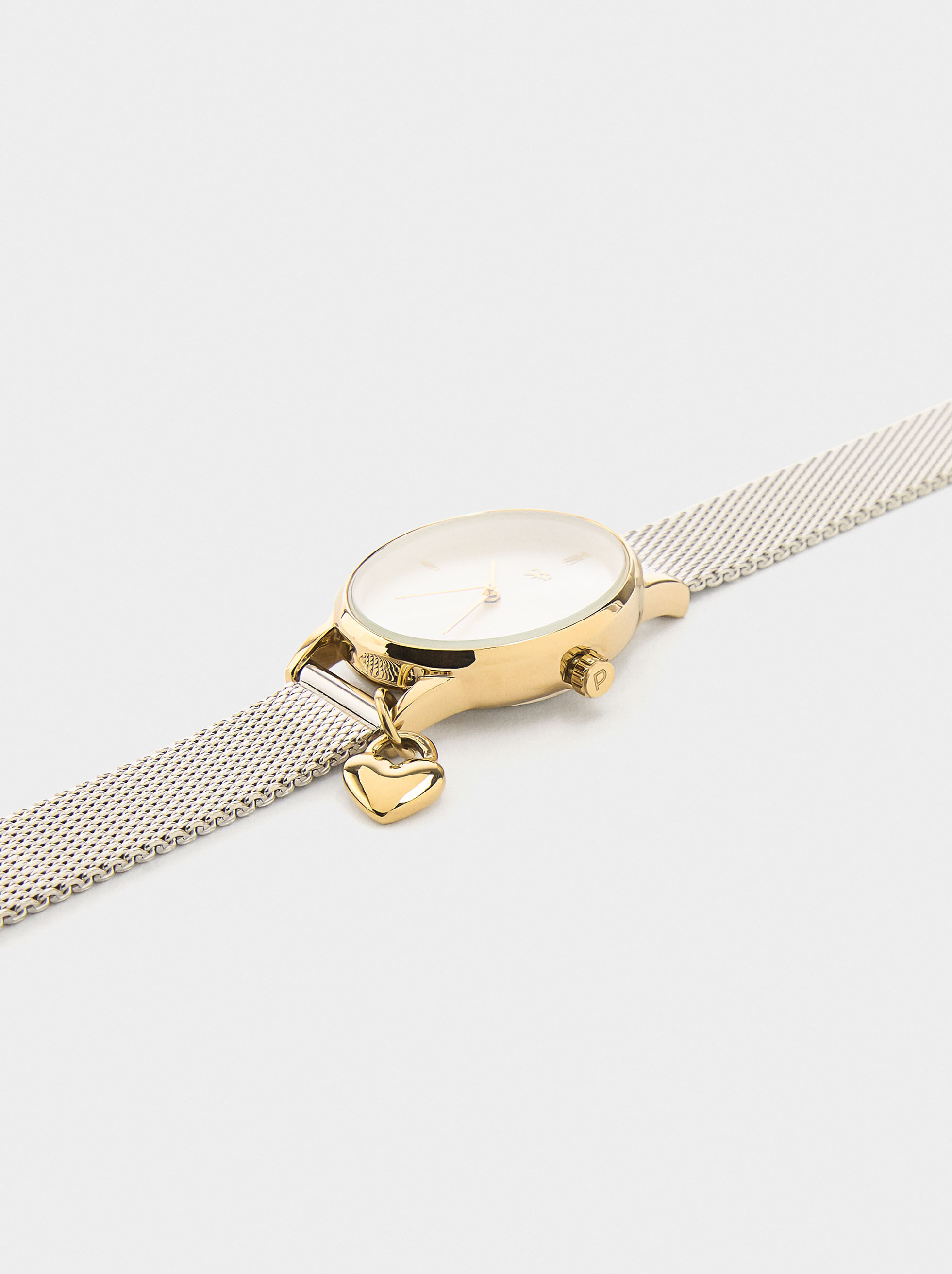 Metal mesh bracelet watch with charm