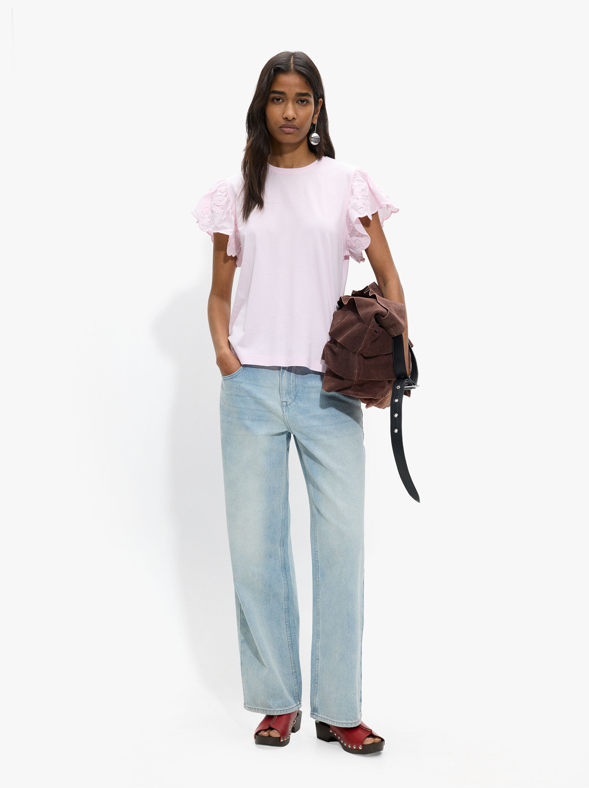 Cotton T-shirt with ruffled sleeves