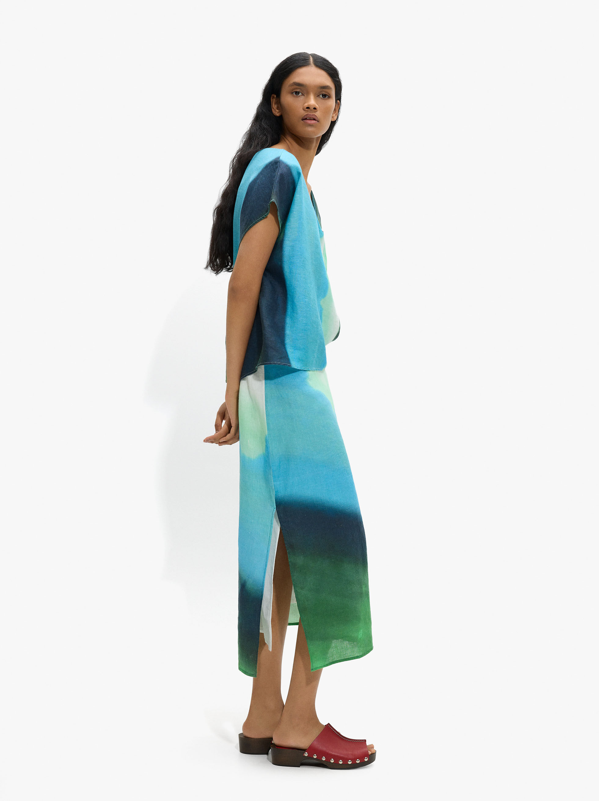 Printed midi skirt 100% linen